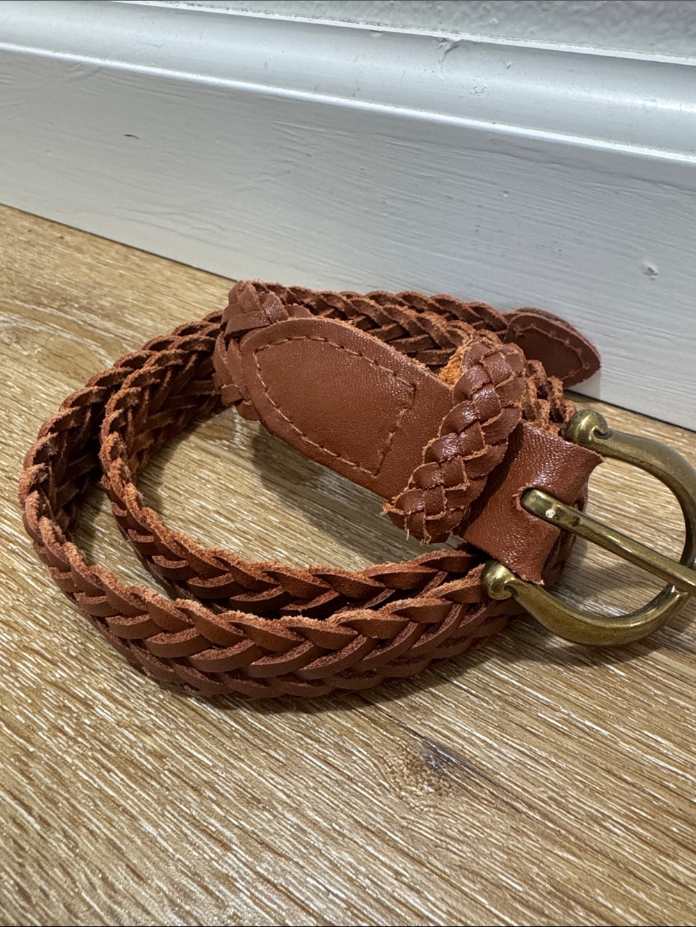 Vintage Brown Braided Leather Belt with Brass Buckle